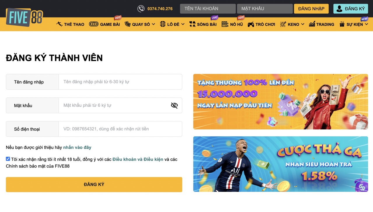 Đăng ký thành viên Five88